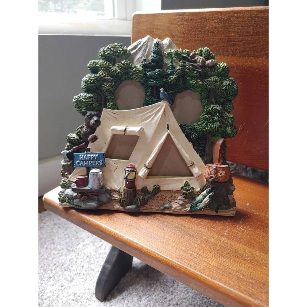 Happy Camper Textured 8x7 Picture Frame Tent Bear Trees Mountain Landscape Gift